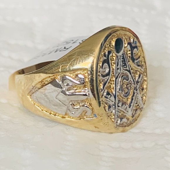 14 k Yellow Gold Masonic ring with White Rhodium finish - Picture 4 of 5